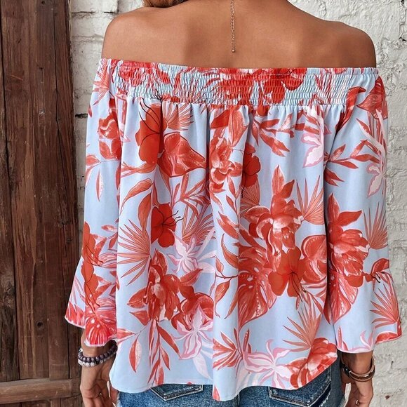 Multicolor Boho Women's Off Shoulder Blouse With Tropical Plant Print - Picture 2 of 6